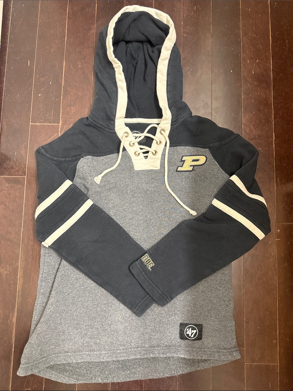 47 Women's Purdue Lace-Up Hoodie in Gray and Black with Cream Trim